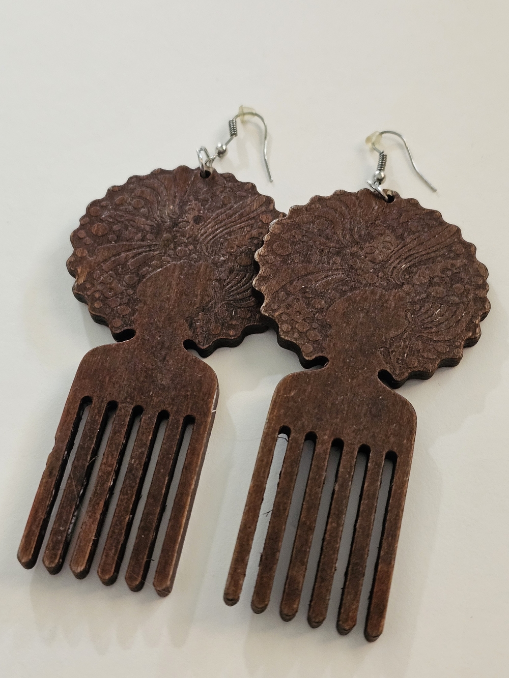 Handcrafted Brown Wooden Afro Pick Earrings